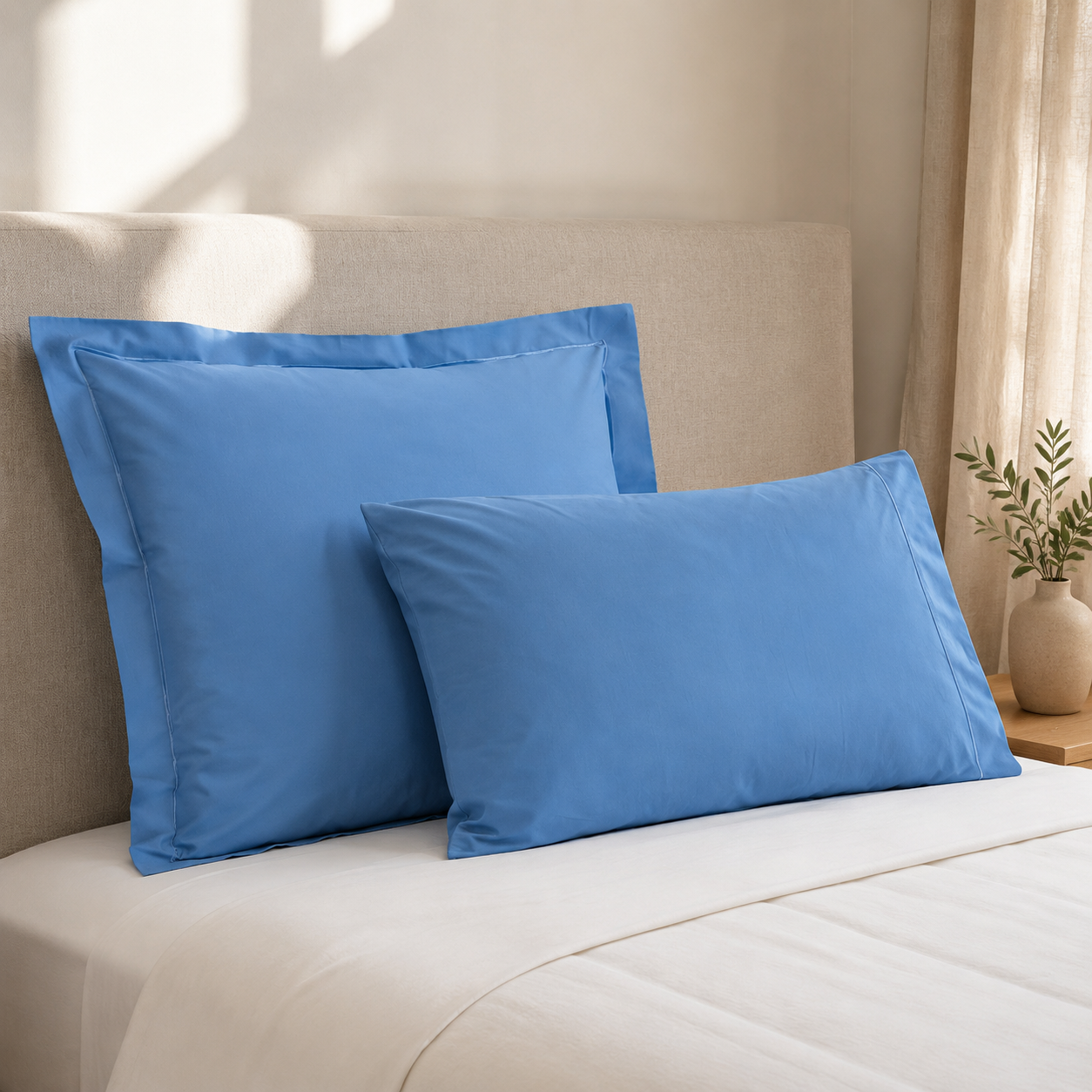 Fronhas Oxford Royal azul em percal de algodão sobre cama – vista lifestyle com almofada quadrada e retangular - BellaGoma 