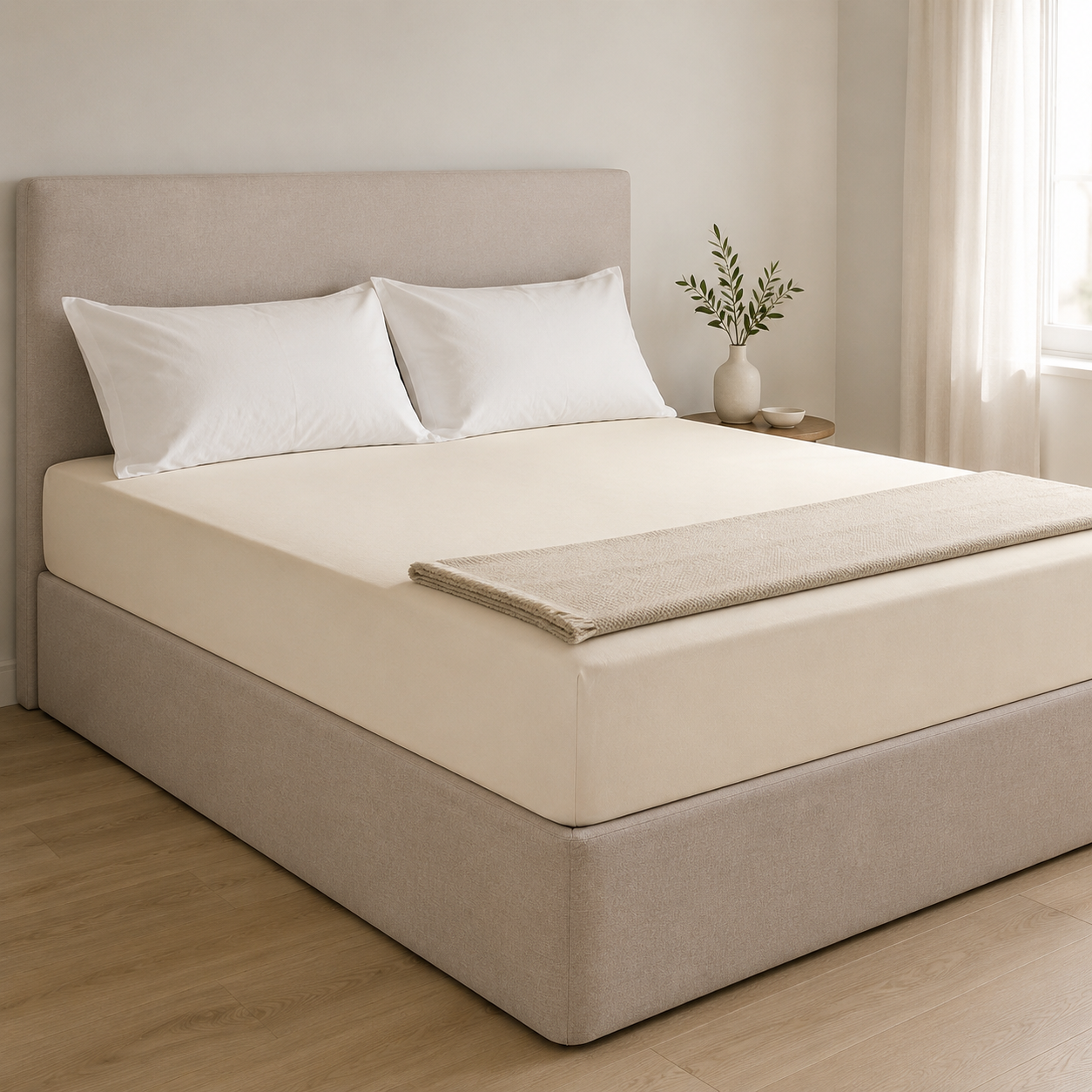 Cama com Lençol de Baixo Ajustável Percal Royal cru num quarto luminoso