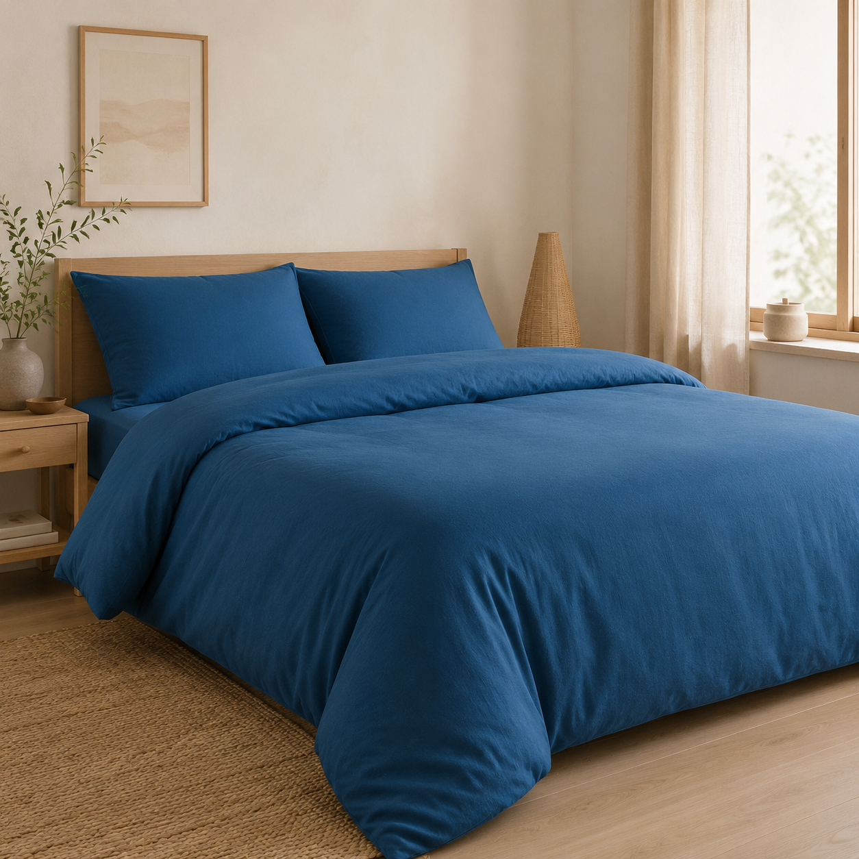 Capa de edredão Charming em flanela chambray cor Azul sobre cama arrumada em quarto de madeira clara com luz natural — BellaGoma