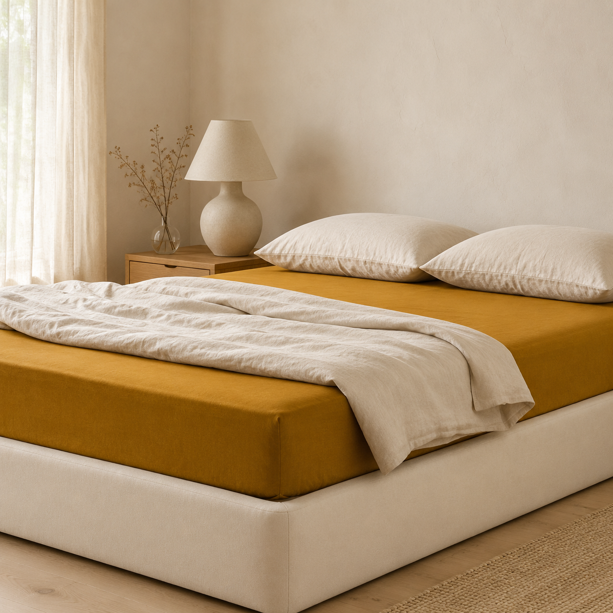 Fronhas Charming ocre em flanela chambray 100% algodão sobre cama com roupa branca, num quarto luminoso e sereno - BellaGoma