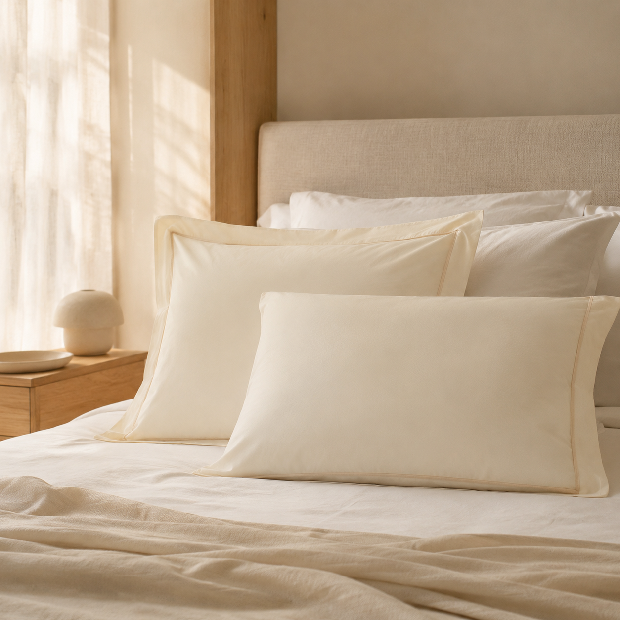 Fronhas Oxford Royal cru em percal de algodão dispostas em cama com luz natural – ambiente quarto sereno - BellaGoma