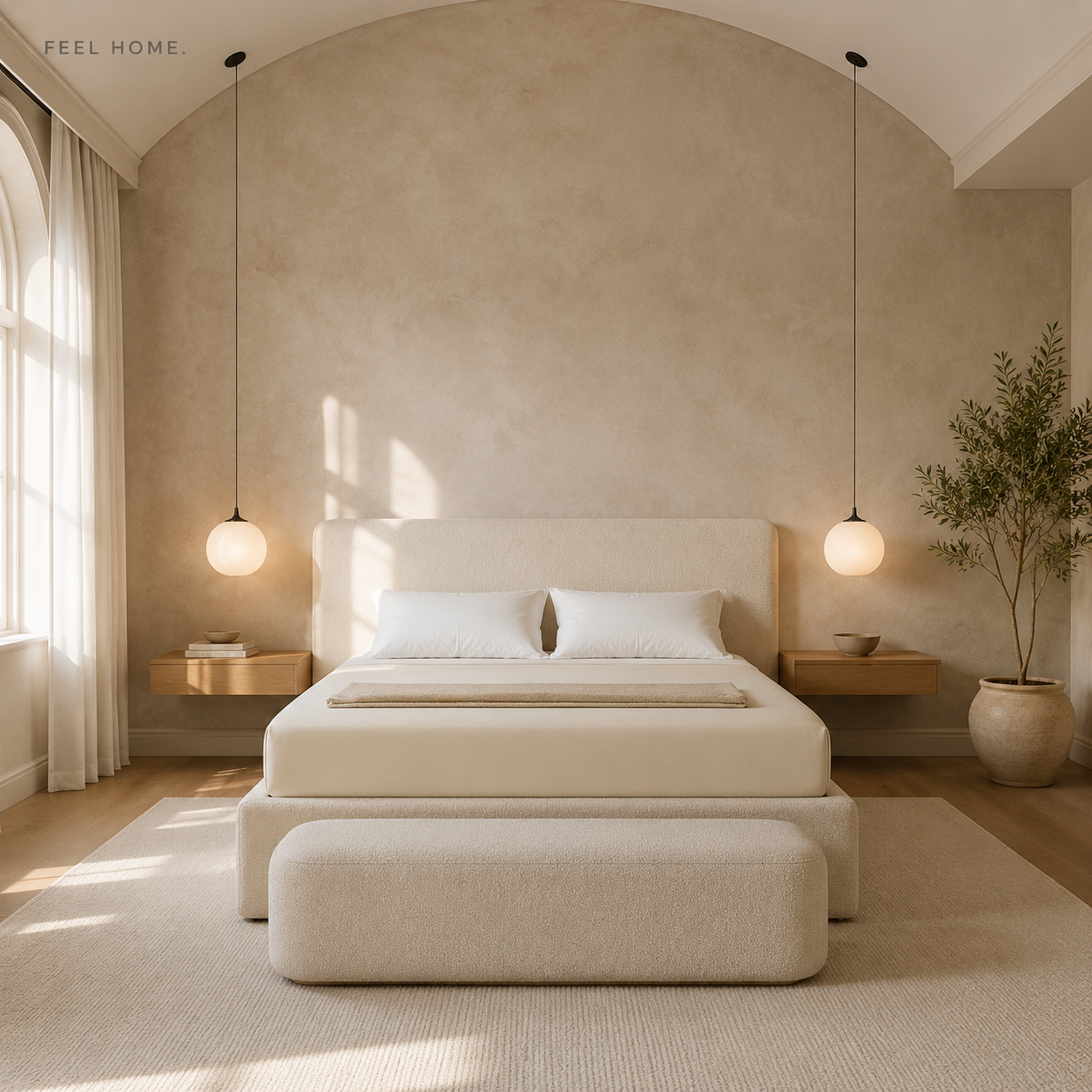 Quarto premium com Lençol Ajustável Percal Royal cru e assinatura FEEL HOME