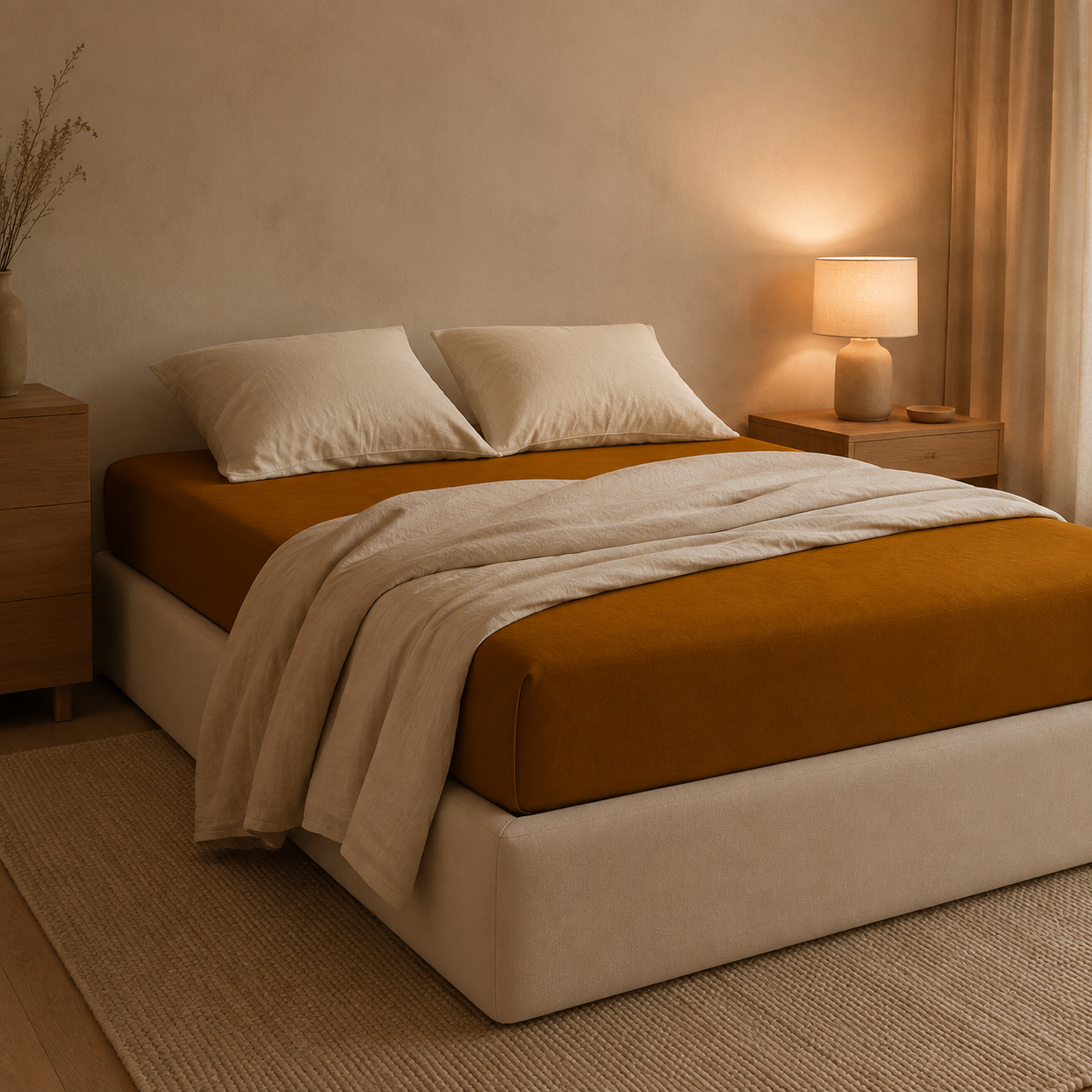 Fronhas Charming ocre em flanela chambray numa cama com roupa branca e candeeiro aceso, num ambiente acolhedor - BellaGoma