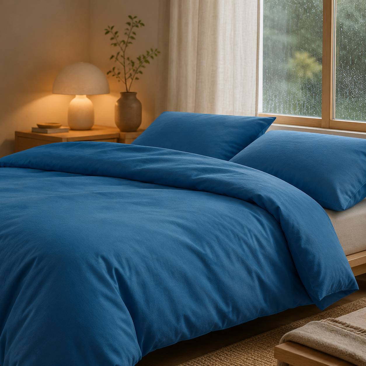 Capa de edredão Charming em flanela chambray cor Azul sobre cama em quarto aconchegante com iluminação quente e janela com chuva — BellaGoma