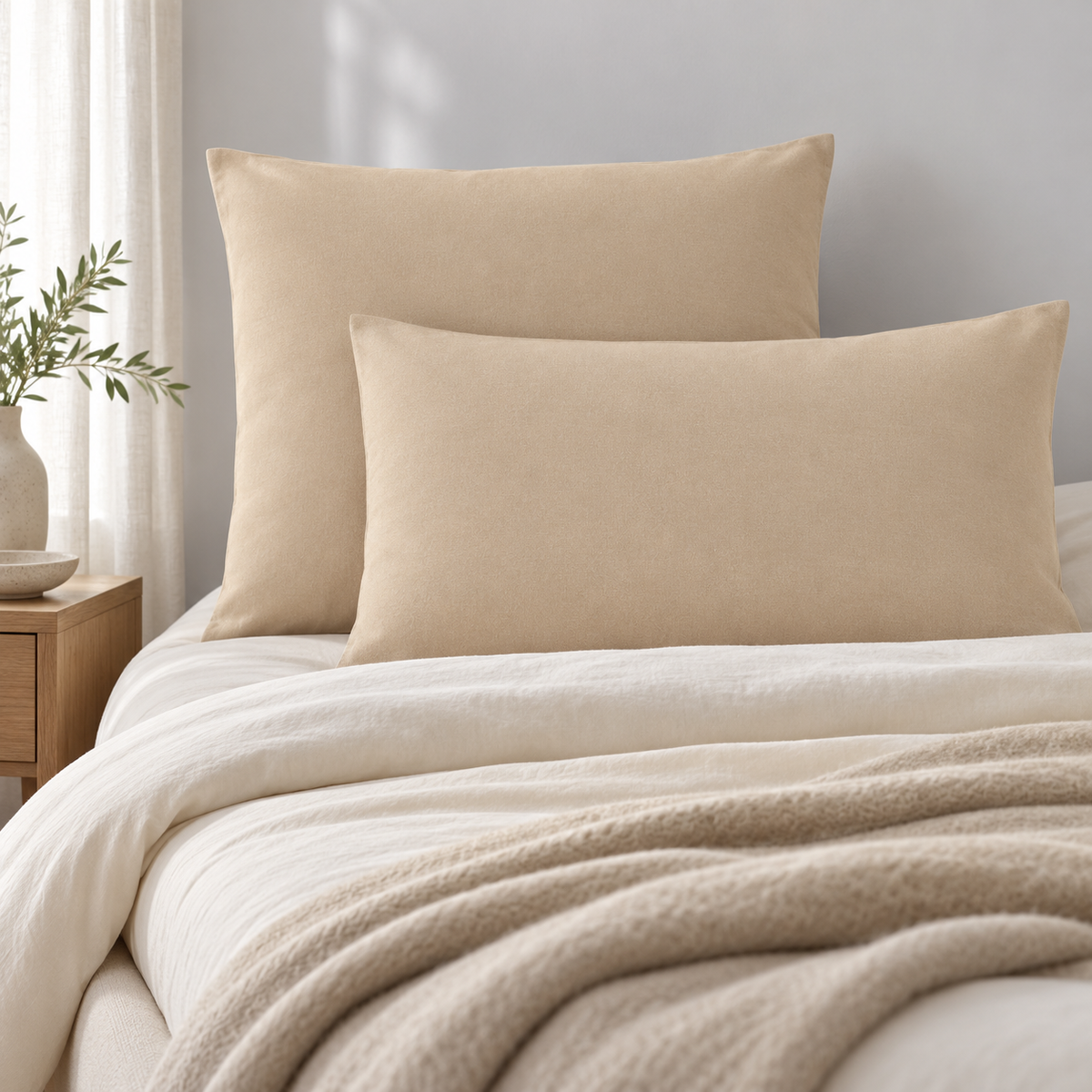 Fronhas Charming em Areia numa cama em tons claros, num quarto sereno