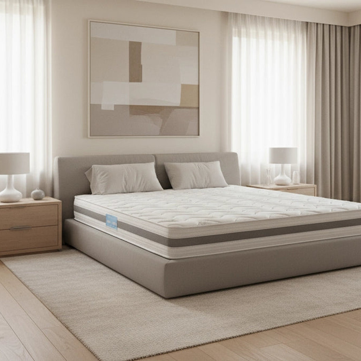 Colchão Atenas BellaGoma sobre cama num quarto moderno e luminoso