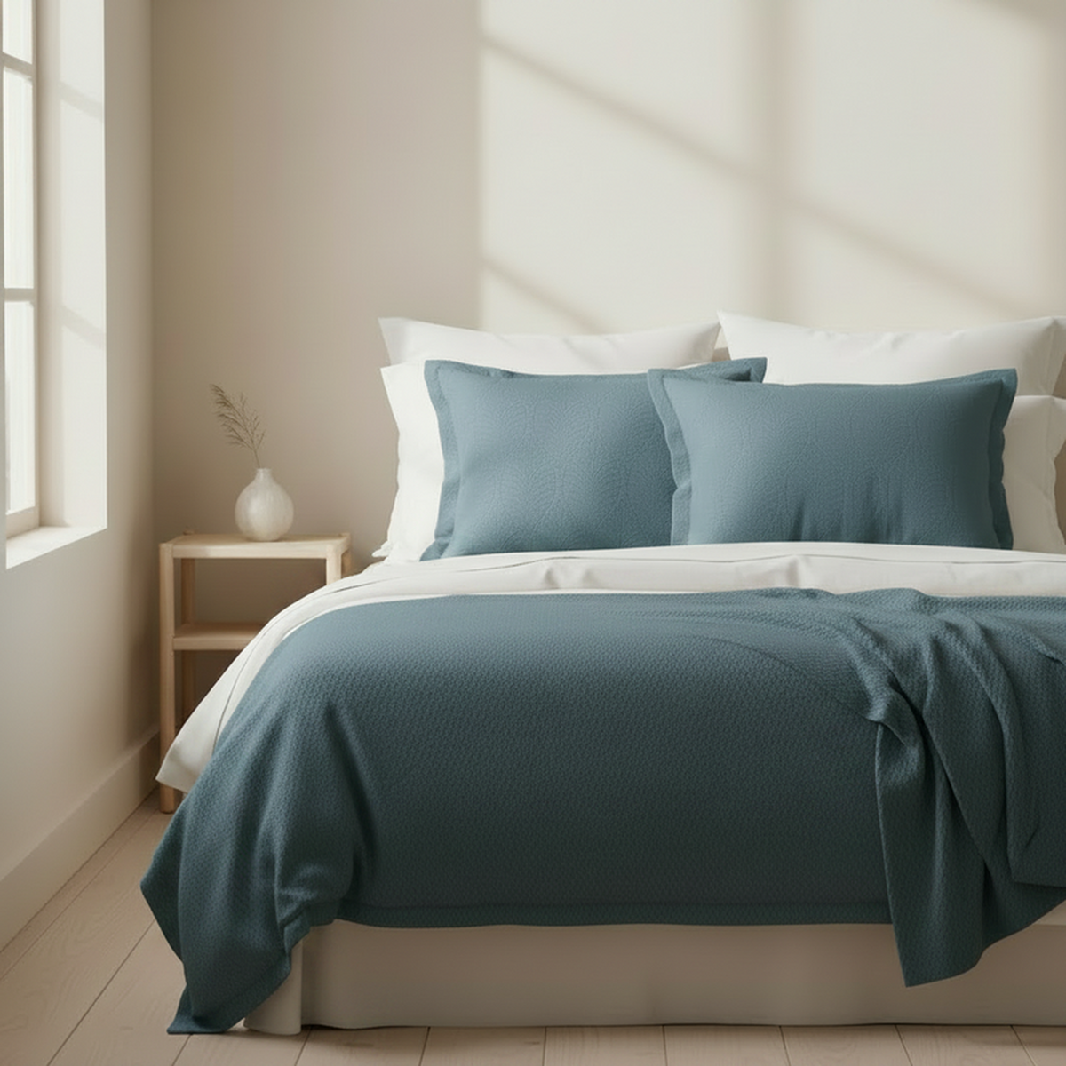 Fronhas BellaCorfu azuis num quarto em tons neutros — BellaGoma