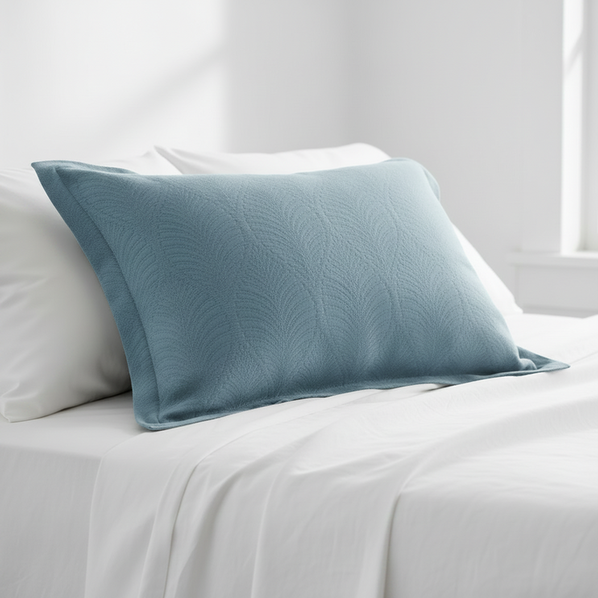 Fronhas BellaCorfu azuis sobre cama em ambiente luminoso — BellaGoma