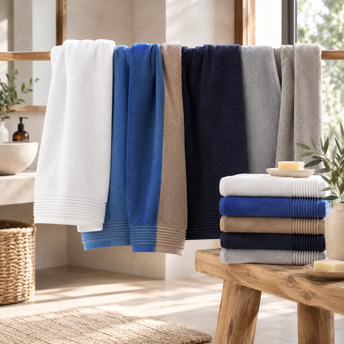 Toalhas Linha Juliet em tons de azul expostas num ambiente de banho