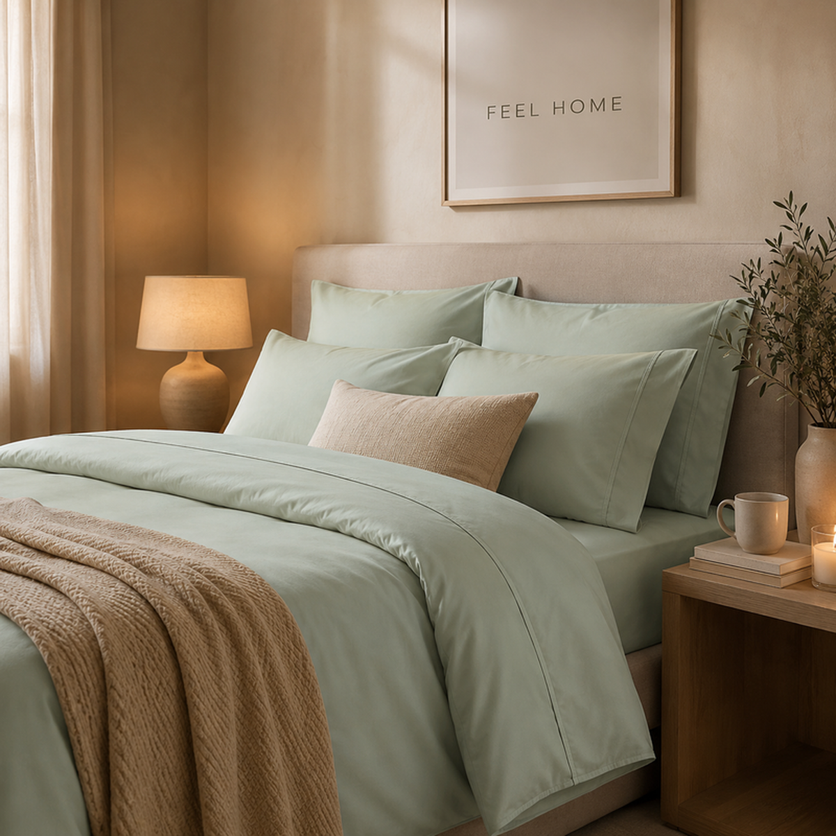 Lençóis Percal Royal sobre cama num quarto acolhedor