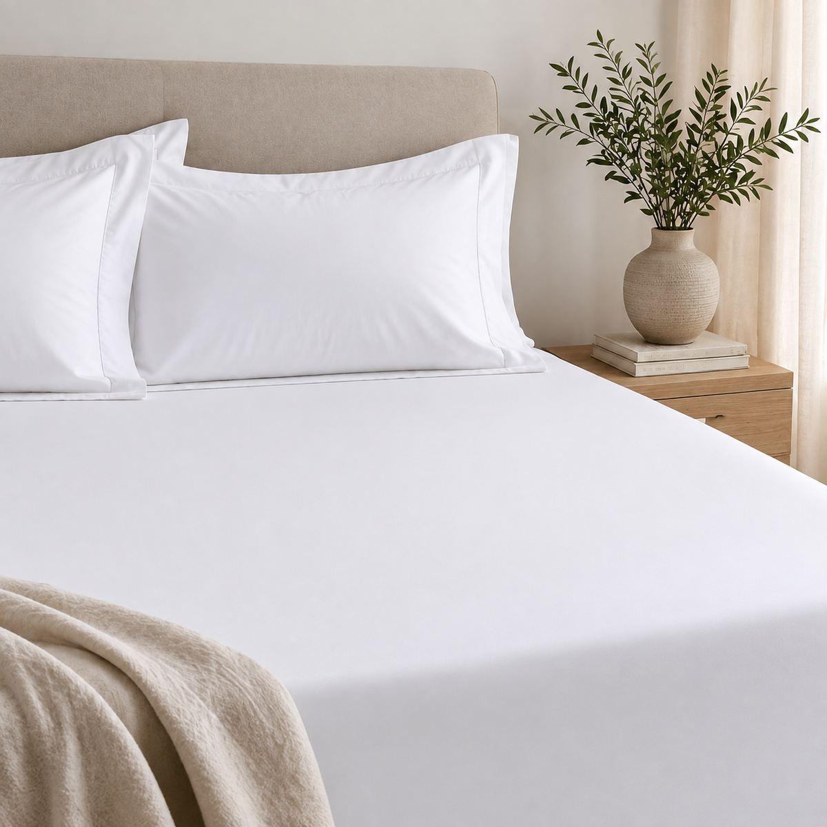 Lençol Ajustável BellaLux branco ajustado ao colchão numa cama elegante