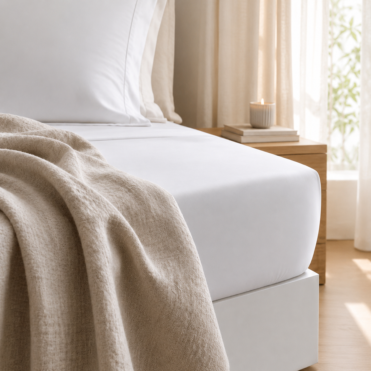 Lençol Ajustável BellaLux branco num quarto em tons neutros — BellaGoma