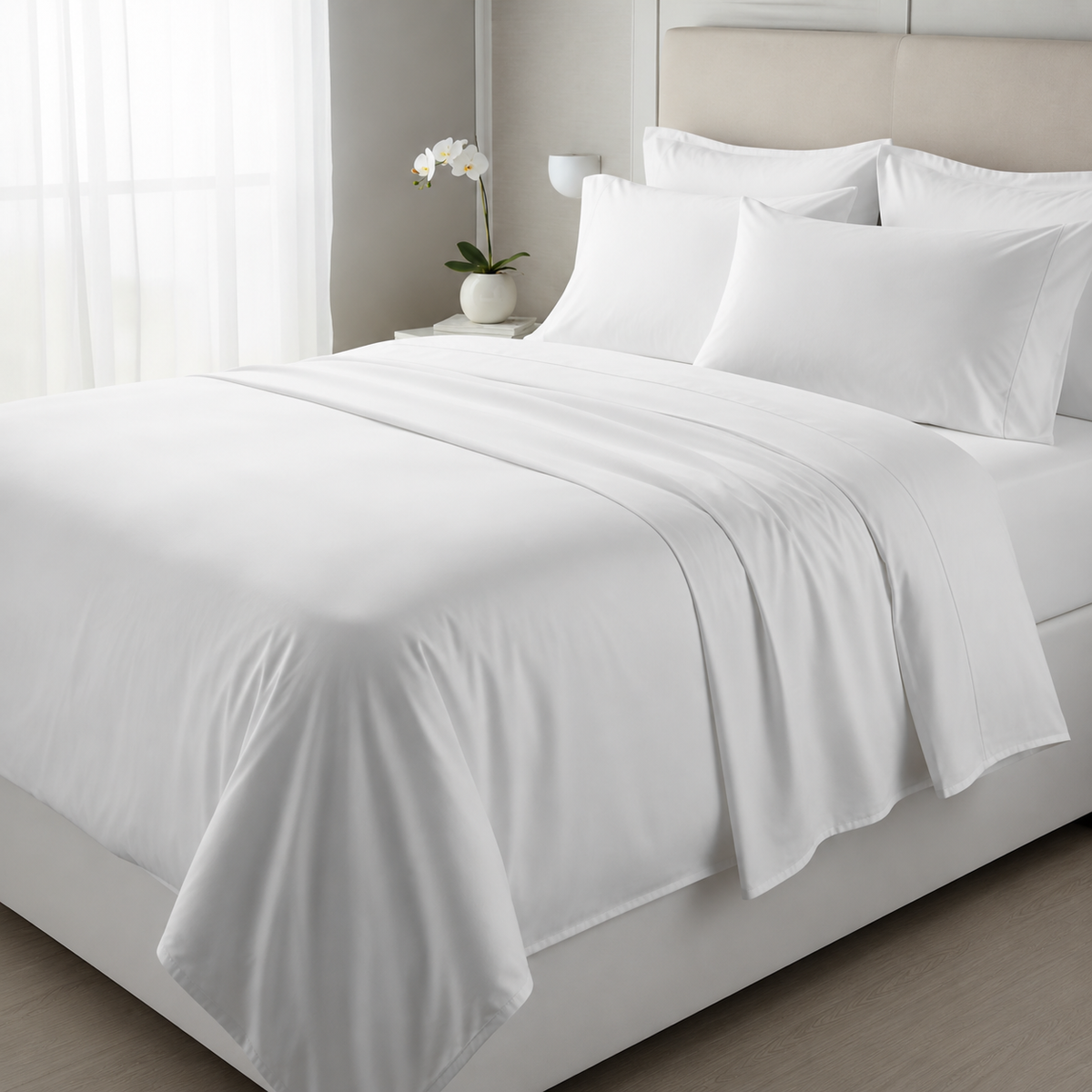Lençol de Cima BellaLux branco em cetim de algodão 300 fios numa cama luminosa