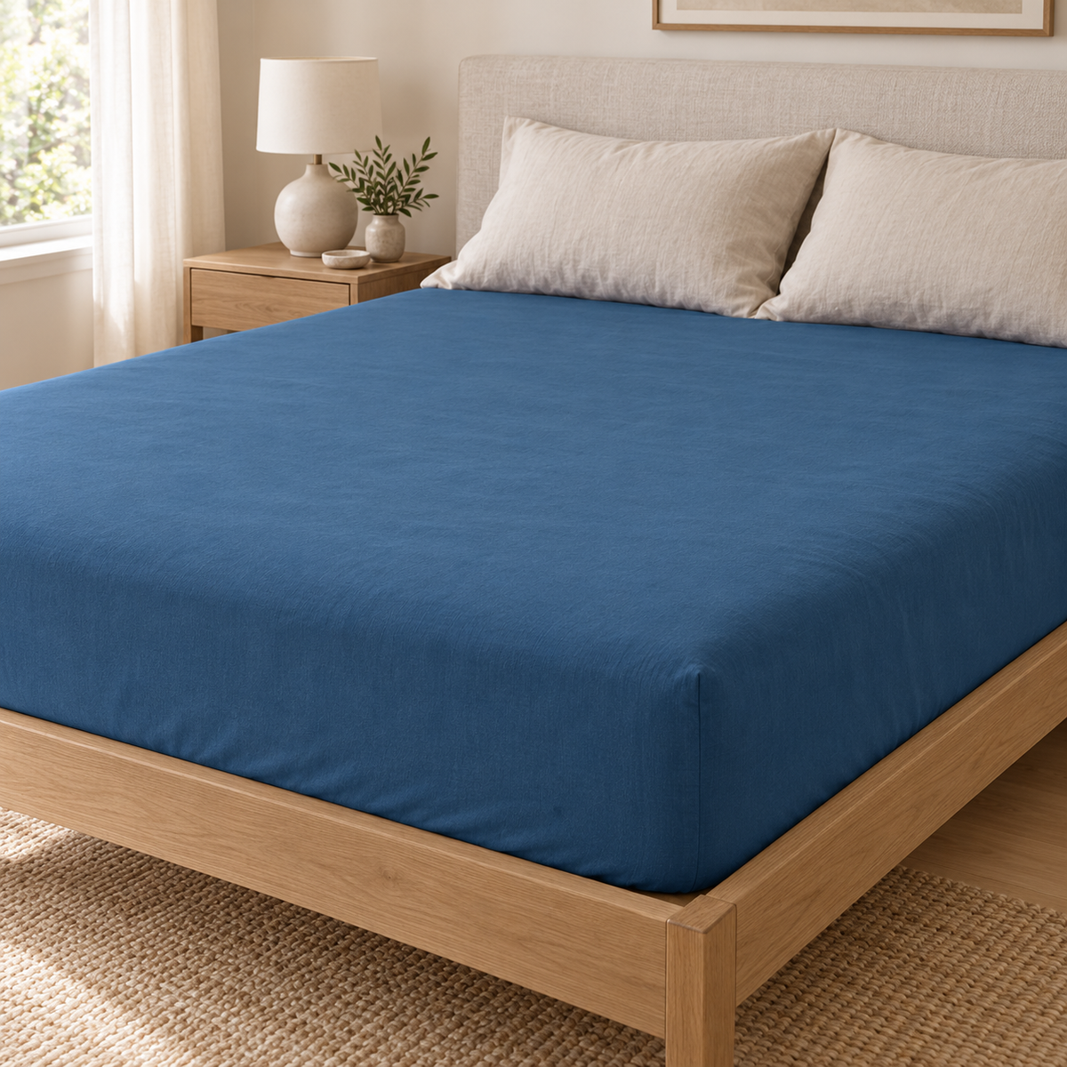 Lençol ajustável Stone azul a revestir o colchão numa cama com almofadas bege.