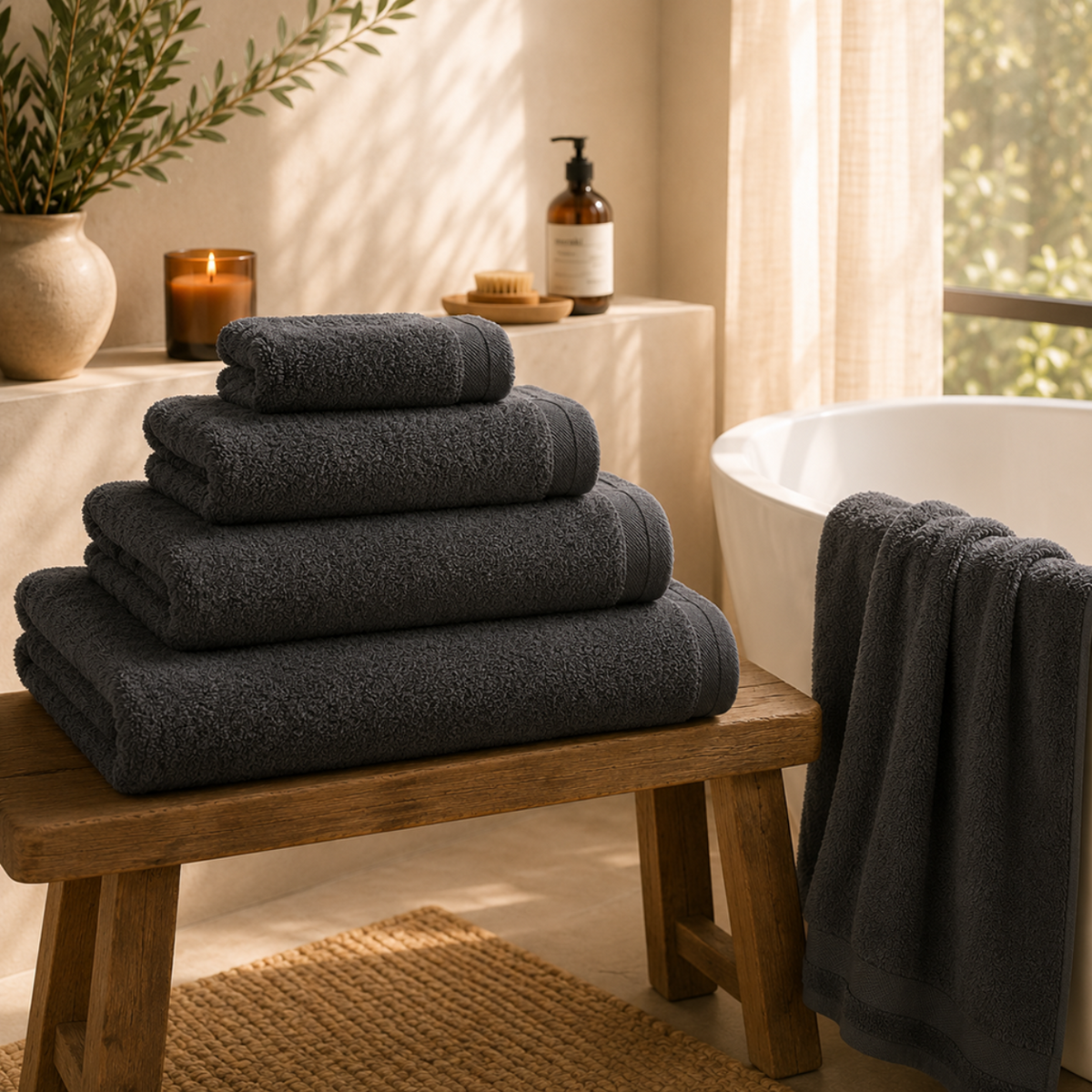 Conjunto de Toalhas BellaOcean antracite em ambiente de banho