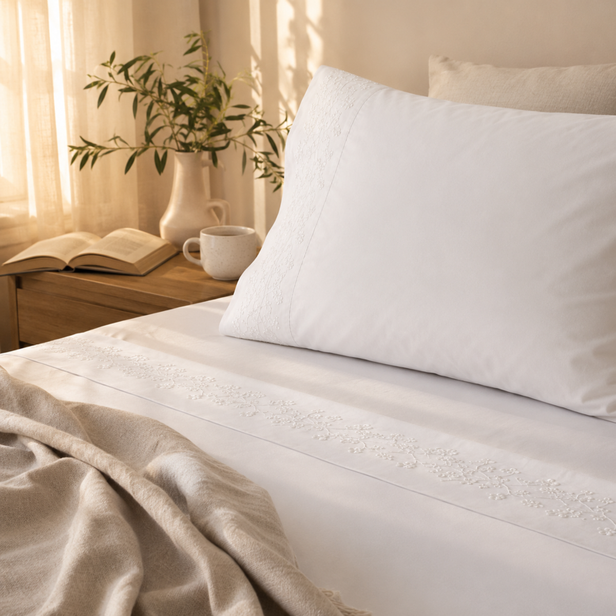 Conjunto de Lençóis BellaOrion BellaGoma numa cama em tons neutros