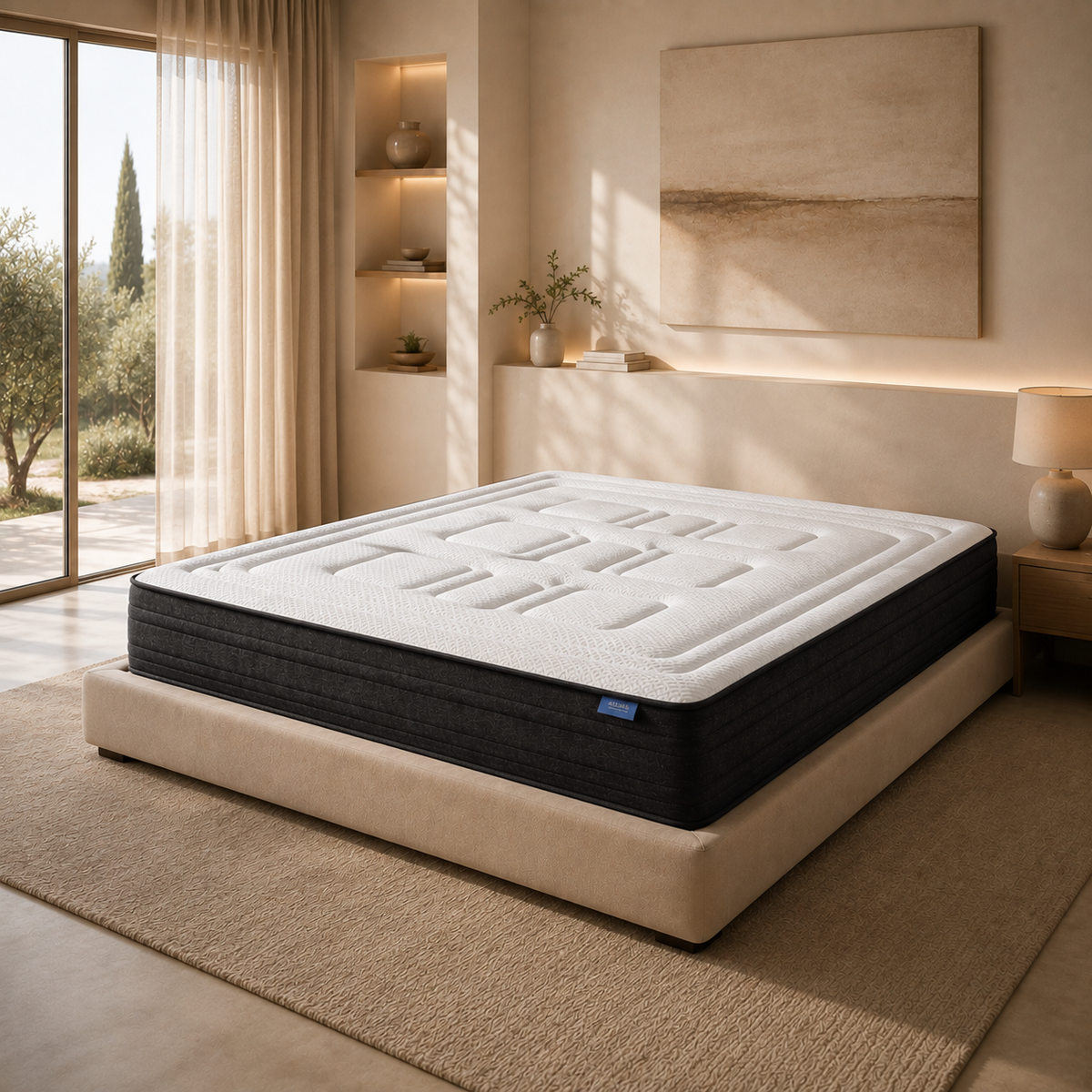 Colchão Orto Box BellaGoma sobre cama num quarto moderno