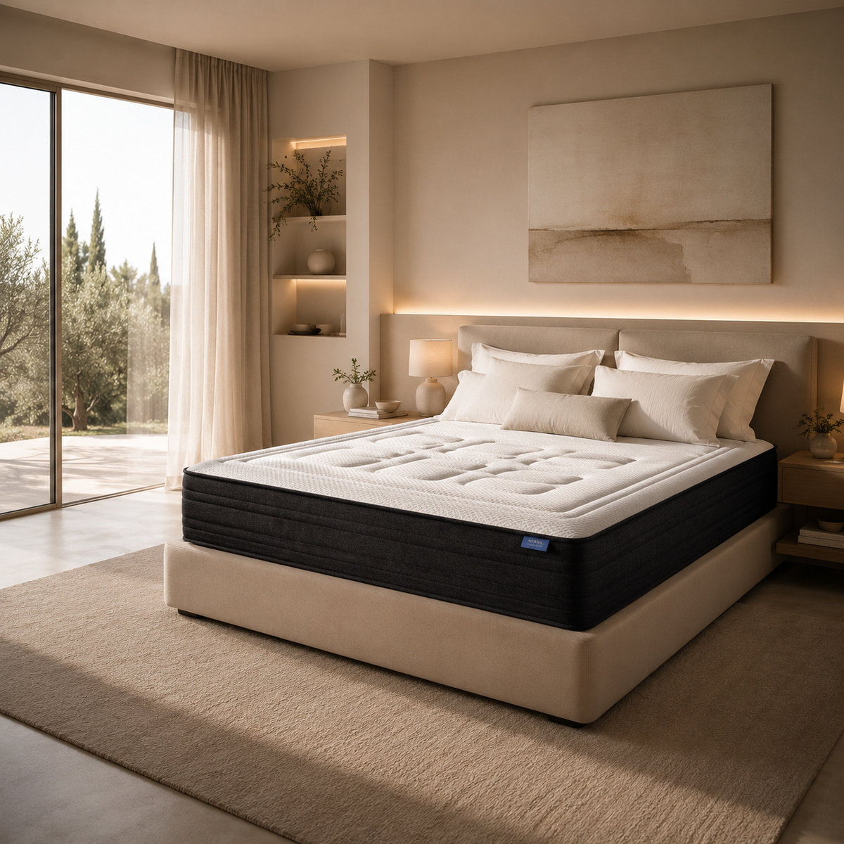 Colchão Orto Box BellaGoma numa cama em ambiente de quarto acolhedor