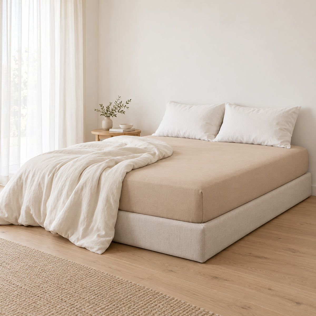 Lençol Ajustável Charming em Areia numa cama com sommier forrado, num quarto luminoso.