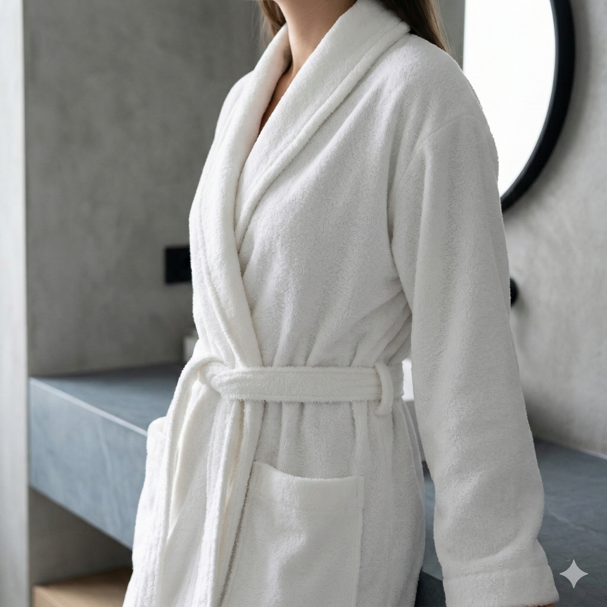 Roupão Basic BellaOcean branco vestido em ambiente de banho