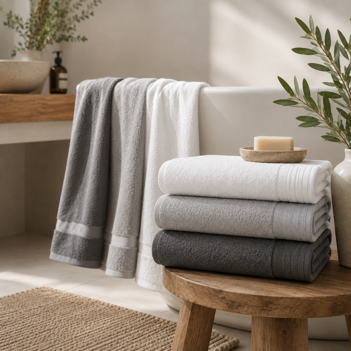 Saídas de Banho Royal em tons branco e cinzento num ambiente de banho