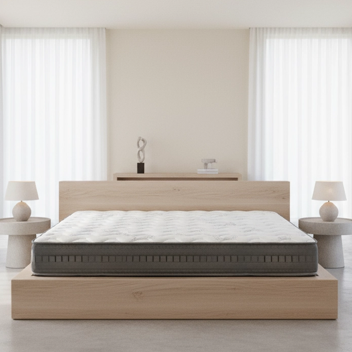 Colchão Bamboo BellaGoma sobre cama num quarto em tons neutros