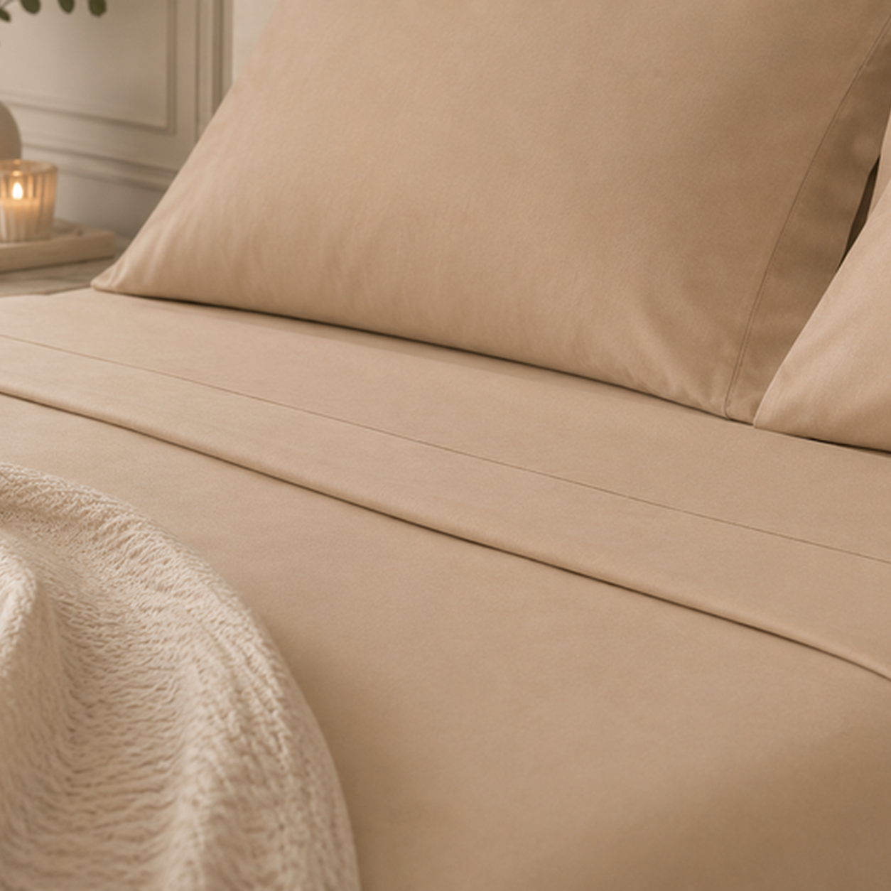 Linha Charming BellaGoma em bege - lençóis e fronhas em cama.