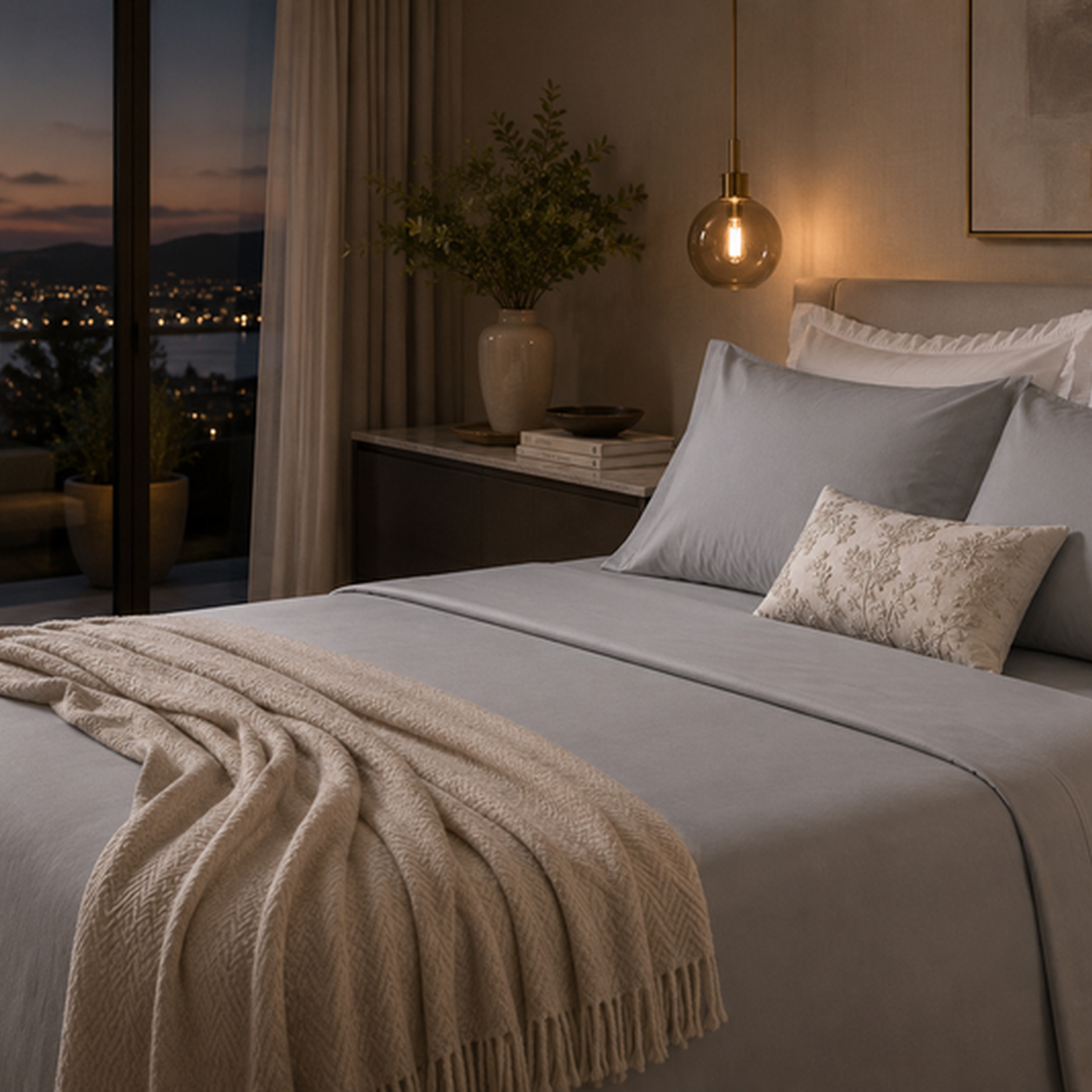 Linha Charming BellaGoma em cinzento - lençóis e fronhas em cama lifestyle