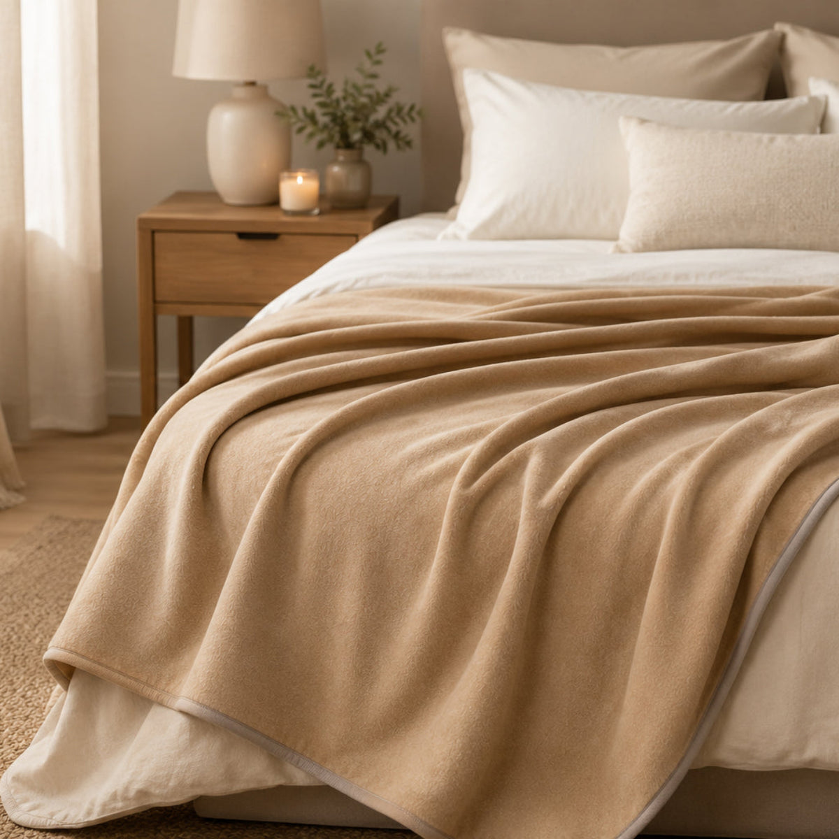 Cobertor BellaHotel 4000 bege sobre cama em quarto acolhedor