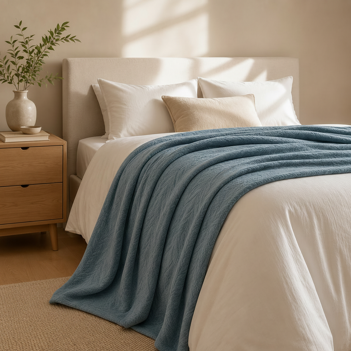 Colcha BellaCorfu azul sobre cama em ambiente luminoso — BellaGoma