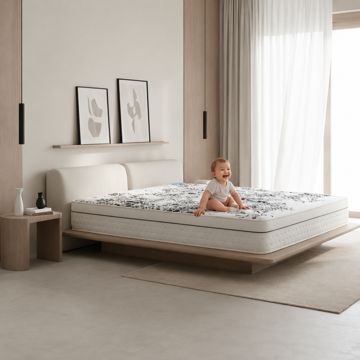 Colchão Paris BellaGoma sobre cama num quarto moderno