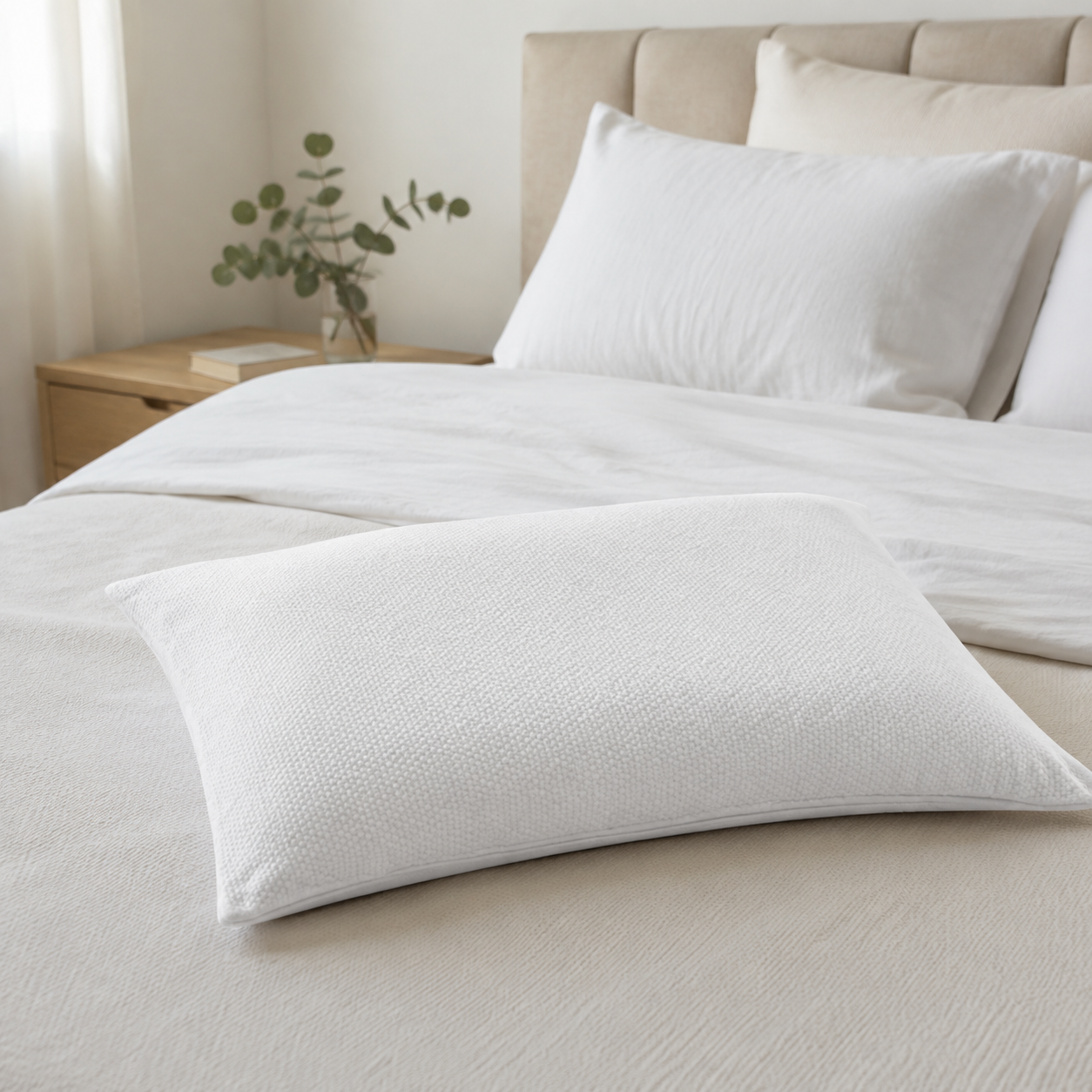Almofada de flocos de viscoelástico sobre cama com roupa de cama em tons bege e cabeceira em madeira natural