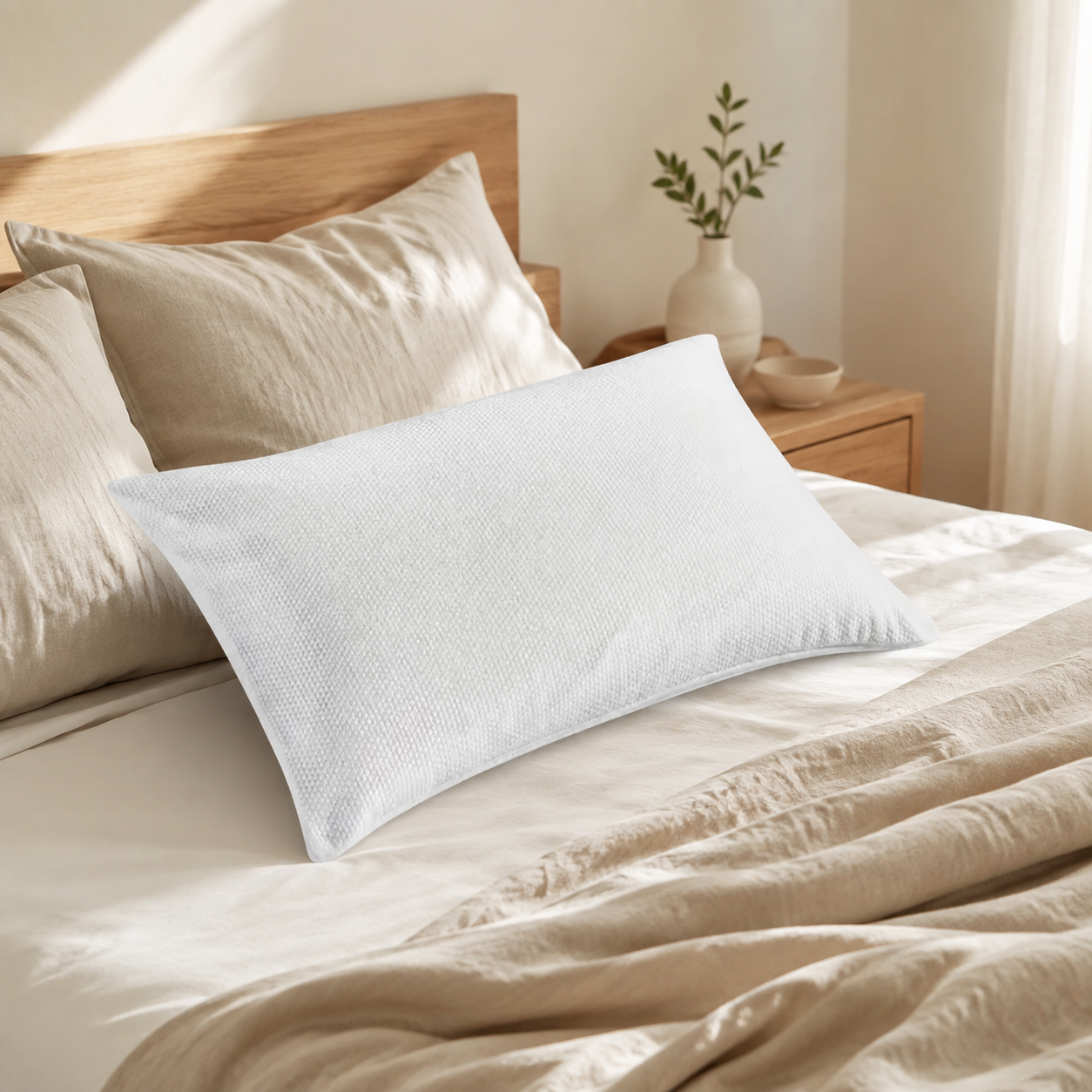 Almofada de flocos de viscoelástico em ambiente de quarto minimalista com roupa de cama branca e eucalipto decorativo