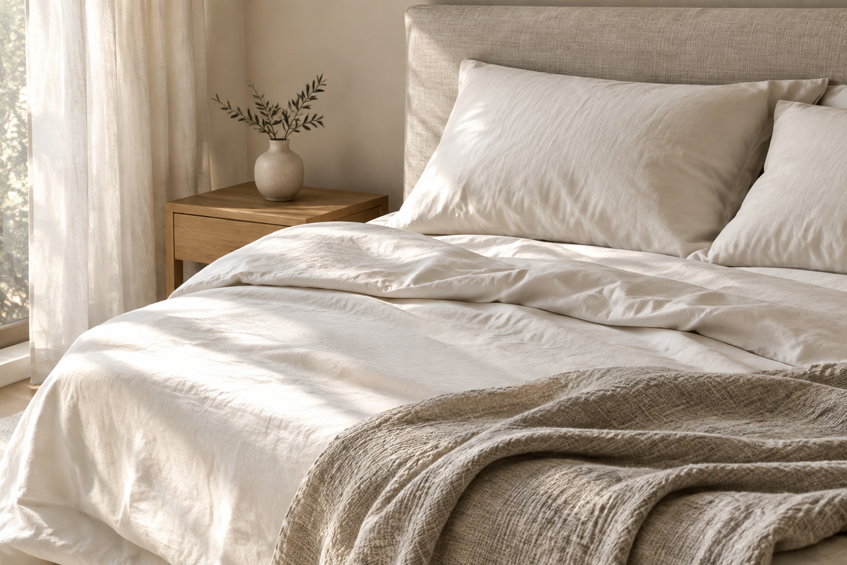 Cama com roupa clara e manta em tom natural, iluminada pela janela, junto a uma mesa de cabeceira de madeira com jarra.
