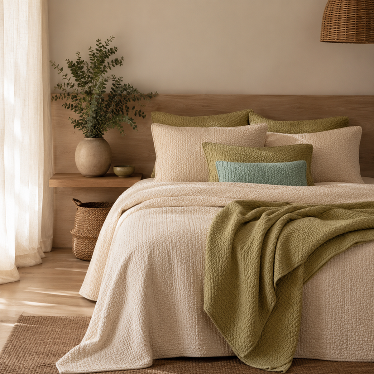 Manta Cosy BellaGoma em algodão - detalhe quarto com a manta sobre a cama