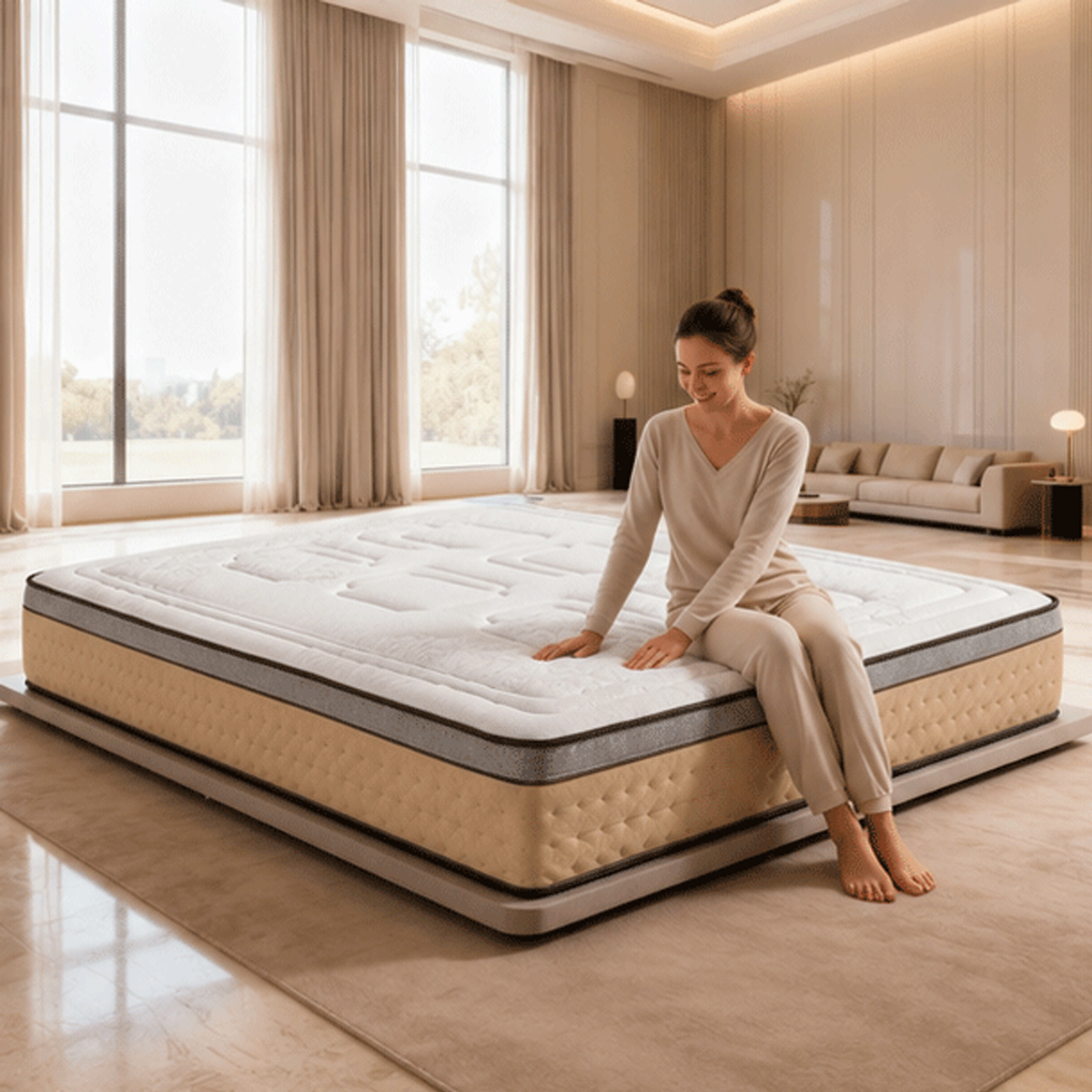 Colchão Nest BellaGoma com mulher sentada na cama num quarto luminoso