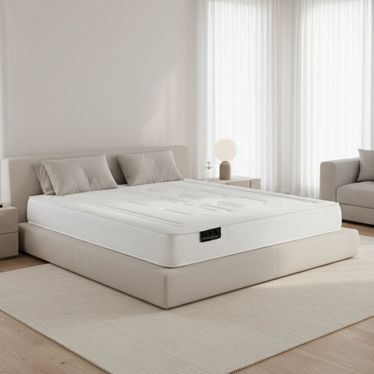 Colchão Ortomedicinal BellaGoma sobre cama num quarto moderno